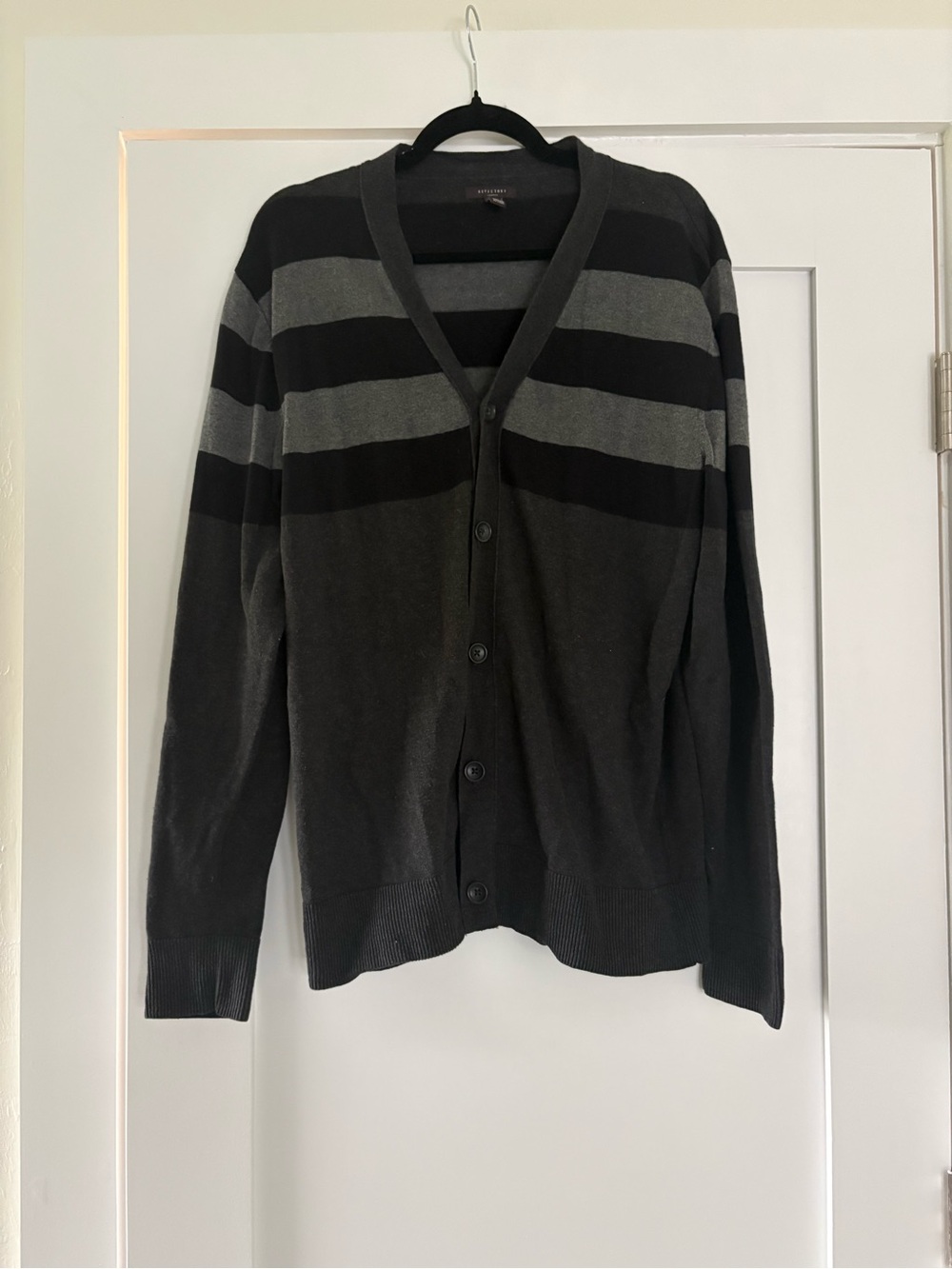 Refectory London Striped Cotton Cardigan in Black & Gray Size Large